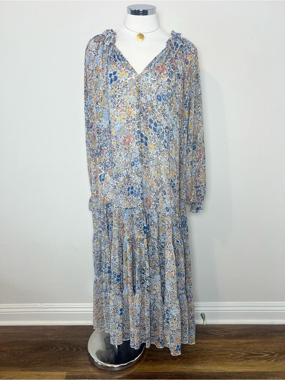 Free People Feeling Groovy Maxi Dress Floral Blue Size M Boho Ruffle